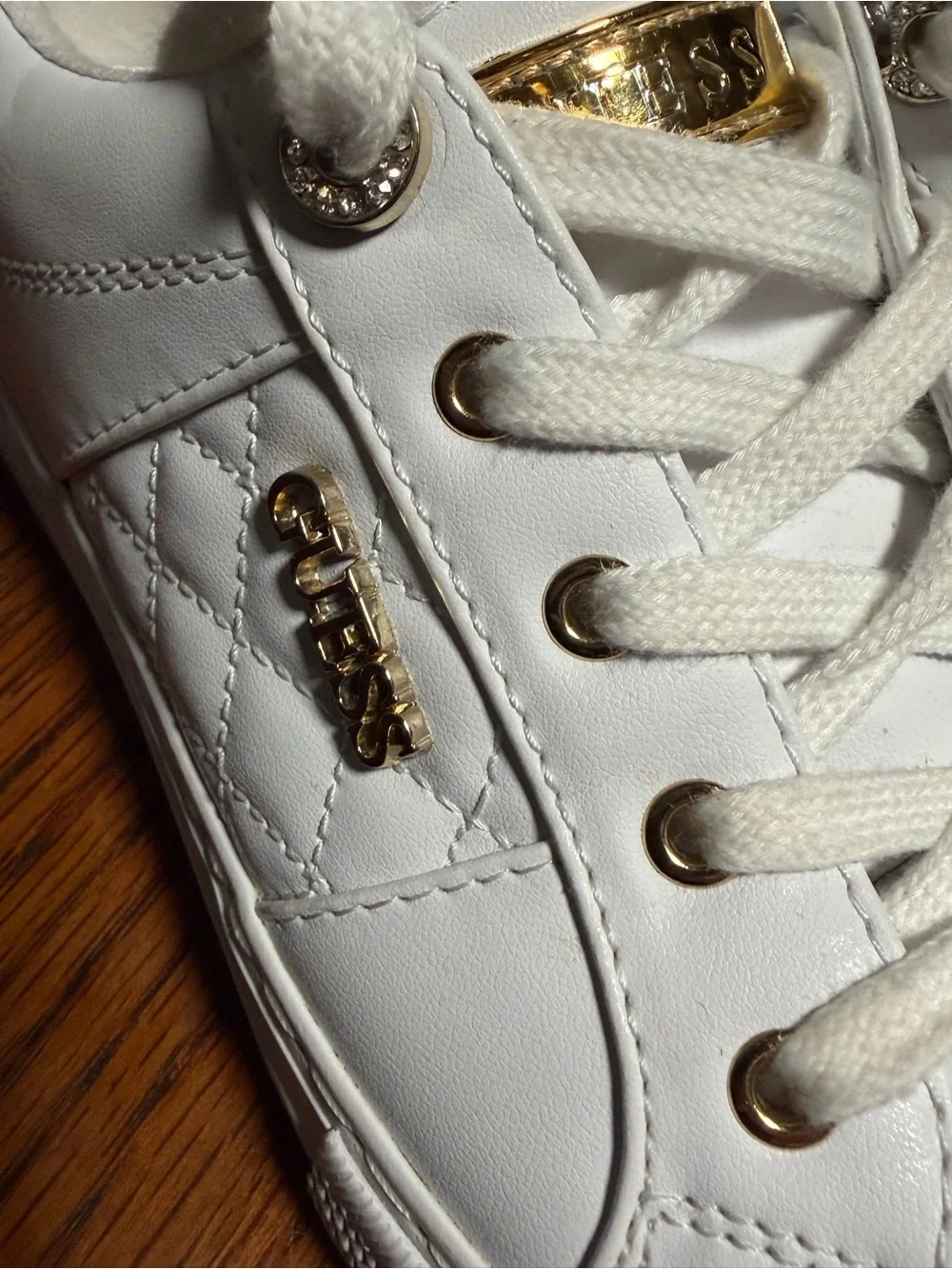 GUESS White Quilted Sneakers with Gold Hardware